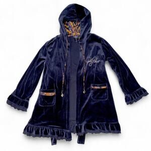 Rare Vintage Y2k Womens Baby Phat Velvet Robe Navy Blue Sleepwear Top w/ Silk